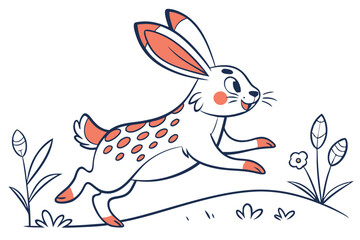 Playful White Hare Leaping Among Grass and Flowers Design on White Background