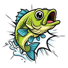 Vibrant cartoon bass fish leaping from water with energetic splash, perfect for fishing adventures and sports branding.