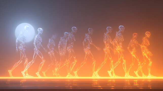 Robotic skeleton army silhouetted by neon moon, split side light with haze, long exposure trails, metallic sheen. Complementary orange-blue  - Powered by Adobe