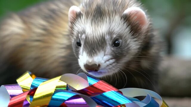 Adorable ferret with colorful ribbon streamers close-up portrait