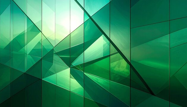 Abstract geometric composition with translucent green glass panels, angular intersections, and refracted light evoking architectural elegance and spatial depth.