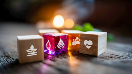 Wooden blocks with wellness icons glow with sparks, symbolizing holistic health, balance, and lifestyle harmony