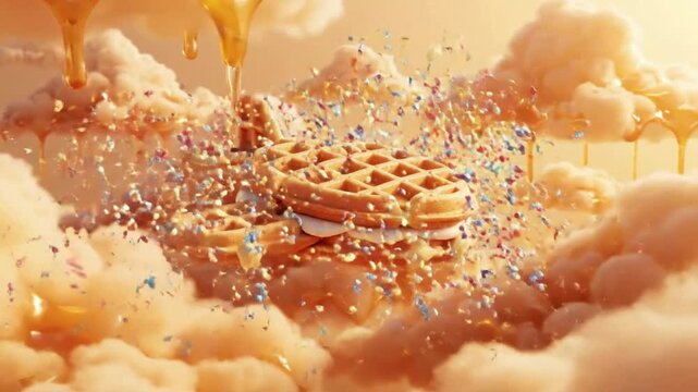 A whimsical depiction of waffles stacked high, drizzled with syrup, and surrounded by fluffy clouds.