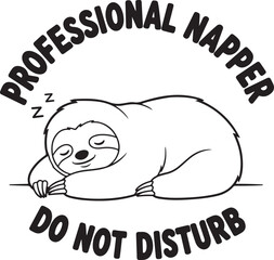 Cute sleeping sloth illustration with text ideal for designs on transparent background silhouette