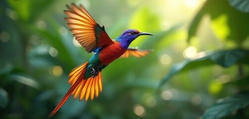 Fototapeta premium Vibrant bird in flight showcases colorful plumage against green foliage backdrop. Tropical avian with iridescent feathers flies in natural habitat. Exotic wildlife concept represents beauty of nature.