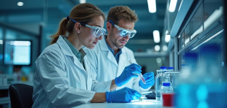 Two lab researchers work in modern lab. Scientists analyze liquid sample in test tube. They wear protective glasses. Concept of medical research experiment in a clinic.