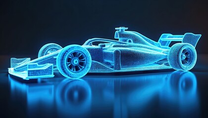 Blue glowing wireframe race car with black backdrop. Represents modern transport, tech advancement, cyber design, innovation, hi-tech engineering. Abstract auto design symbolises formula motorsport