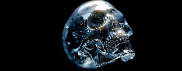 Skull carved in obsidian floating against black void, spotlight diffusion with metallic glow, negative space emphasis