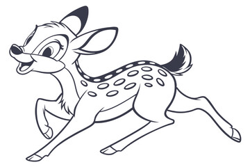 Running Cartoon Deer with Spots, on White Background, Outline Art