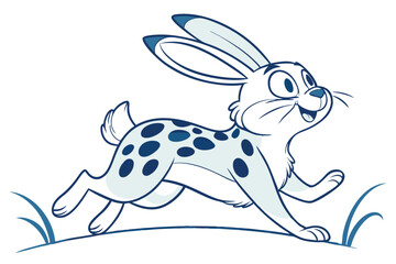 Running Cartoon Hare with Blue Spots on White Background