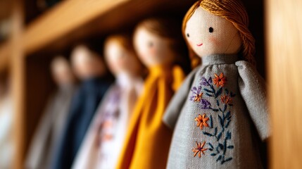 Charming handmade dolls displayed on a wooden shelf, showcasing intricate embroidery and vibrant colors