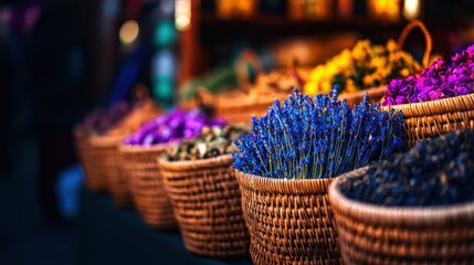 Vibrant market scene showcasing colorful baskets of flowers and herbs, bustling atmosphere in the background