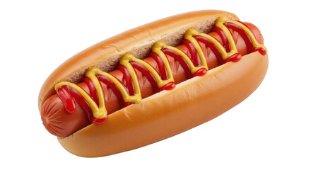 Isolated hot dog in bun with ketchup and mustard, a classic American fast food sandwich