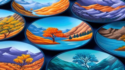 Vibrant landscape paintings on decorative plates showcasing autumn trees and serene rivers in nature