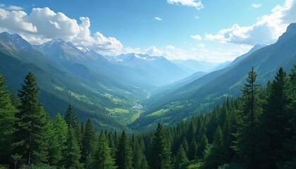 Obraz premium Scenic aerial view of mountains valley with forests under blue sky. Lush green trees cover hillsides. Landscape photo highlights nature beauty for travel projects.