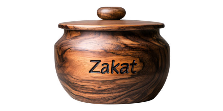 Ornate Wooden Jar With Engraved Zakat Inscription On A Transparent Background