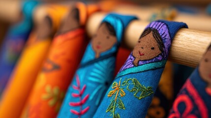 Colorful embroidered textiles featuring diverse characters, displayed on a wooden rack in a vibrant market setting