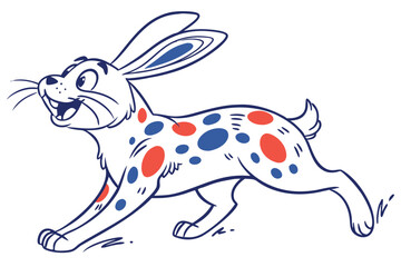 Running Cartoon Hare with Spots, Smiling Easter Animal on White Background