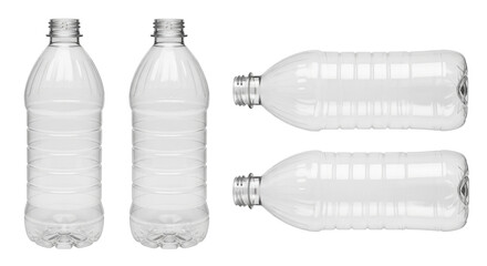 Isolated transparent PET plastic bottle set recyclable lightweight no color drinkware