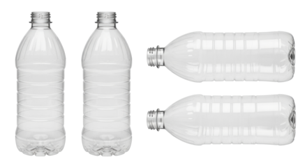 Isolated transparent PET plastic bottle set recyclable lightweight no color drinkware