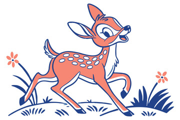 Running Fawn Vector, Coral and Blue Outline, Vintage Cartoon Deer on White