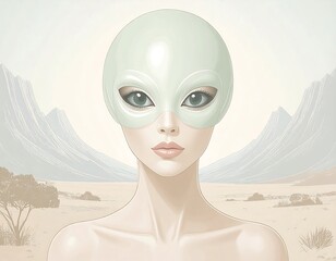 Pale woman in a pale green mask, desert landscape