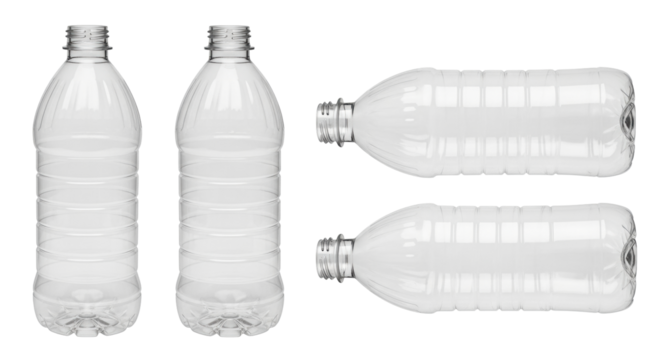 Isolated transparent PET plastic bottle set recyclable lightweight no color drinkware