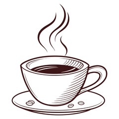 A simple line art illustration of a steaming cup of coffee with coffee beans on the saucer