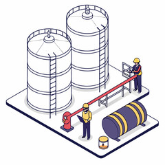 Industrial facility with large storage tanks and workers monitoring operations with laptops and safety equipment