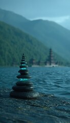 Obraz premium A tower of stones glows blue before a lake and a distant pagoda amidst mountains