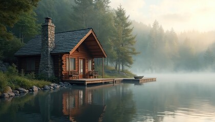 Fototapeta premium Wooden cabin rests on a misty lake shore. Sunlight illuminates the rustic structure reflecting in calm water. Dense forest surrounds the tranquil retreat offering serene autumn scenery.