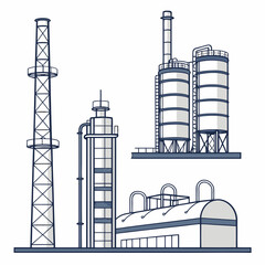 Industrial factory complex with distillation tower storage tanks and processing plant structures isolated on white background