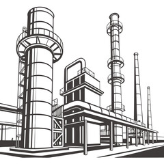 Obraz premium Industrial factory complex with tall smokestacks and processing towers against a white background in a graphic illustration style