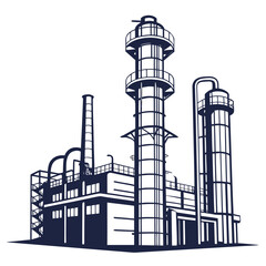 Industrial factory complex with tall towers and smokestacks against a white background in a graphic illustration style