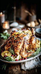 A beautifully roasted turkey is displayed on a wooden platter, surrounded by fresh herbs, citrus fruits, and cranberries, creating a warm and inviting holiday scene