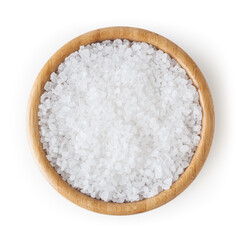 Sea salt in wooden bowl isolated on white background with clipping path