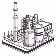 Isometric illustration of an industrial factory complex with a tall chimney and storage tanks on a white background