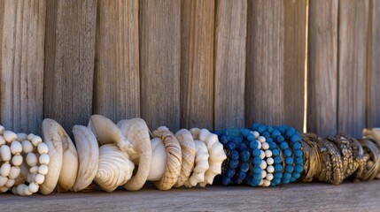 A vibrant display of seashells and bracelets arranged on a rustic wooden fence under bright sunlight