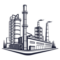Stylized black and white illustration of a large industrial factory complex with smokestacks emitting smoke