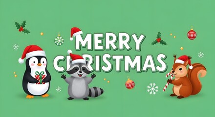 Fototapeta premium Cute cartoon penguin, raccoon, and squirrel wearing santa hats with merry christmas text and festive decorations on a green background