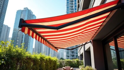 Obraz premium Red and white striped awning on urban balcony. Modern building with sun protection. Green plants and city skyline in background. Outdoor seating area with chairs. Sunshade on residential building.