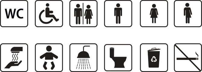 Public Restroom and Facility Icon Set.  WC, Accessibility, Hygiene, and Warning Signs

