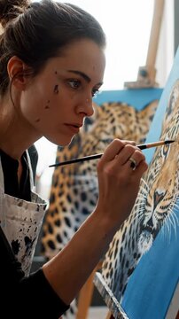 Woman Painting a Leopard Portrait in Her Studio, Close Up