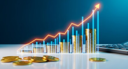 Financial growth illustrated with stacks of coins, a rising bar chart, and an upward trending line graph, suggesting economic progress and investment