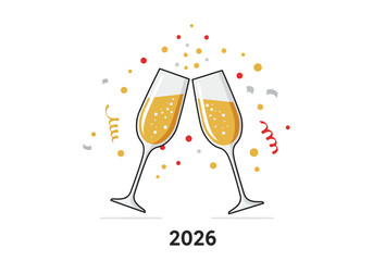 Two champagne glasses clink amidst confetti celebrating 2026 at the bottom