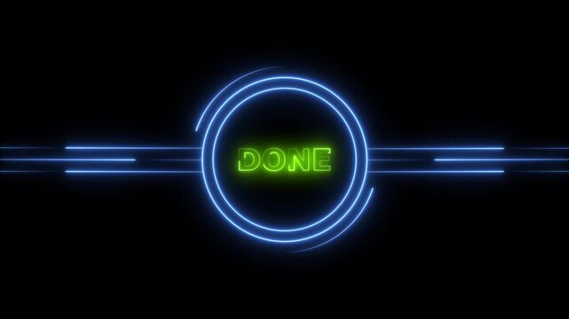 Done dynamic red color animation featuring a glowing neon 'Done' symbol, encircled by a vibrant  royal blue circle. The animation has a modern, energetic feel creative projects royal blue line on blac