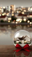 Obraz premium Beautiful snow globe with a cozy house inside, set against a blurred city background, creating a warm holiday atmosphere during winter evenings