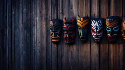 Colorful tribal masks displayed on a wooden wall, showcasing intricate designs and cultural significance