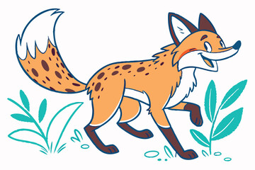 Smiling Cartoon Fox Walking with Plants on White Background, Orange, Style