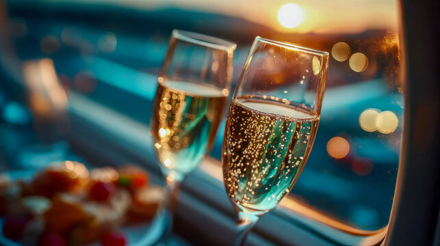 Two champagne glasses with bubbles and berries sparkle against an airplane window at sunset